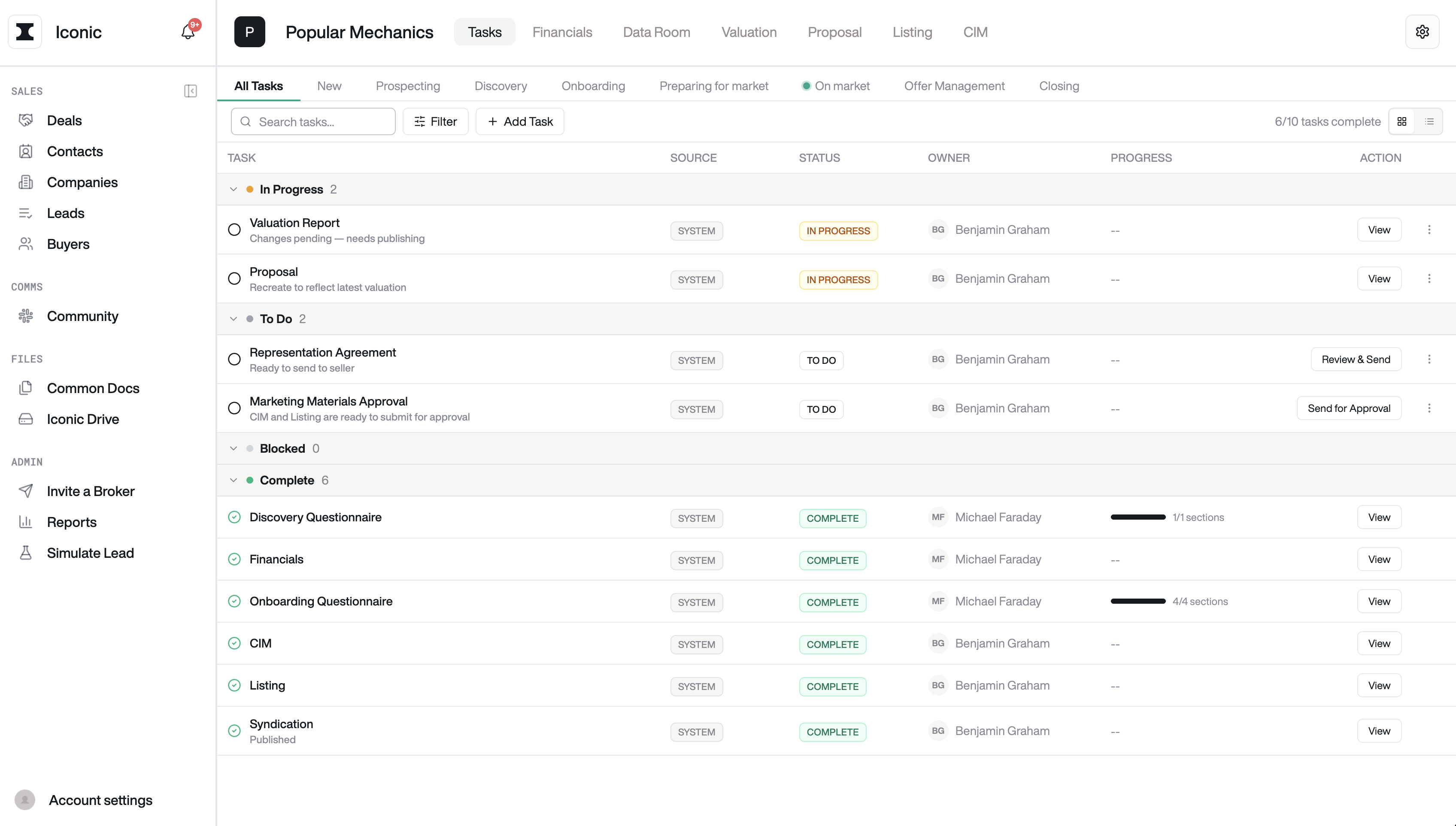 Iconic deal management dashboard